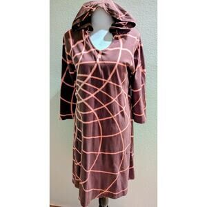 Hooded Casual Dress Brown Abstract Print Long Sleeve Hoodie Dress Relaxed Fit